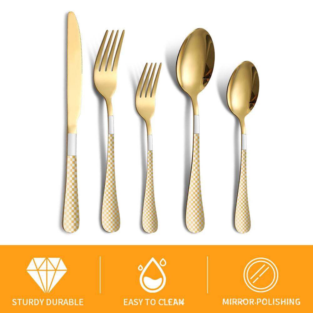 20pcs Cutlery Set Checkered Pattern Mirror Finish Smooth Edge Stainless Steel Fork Spoon Set