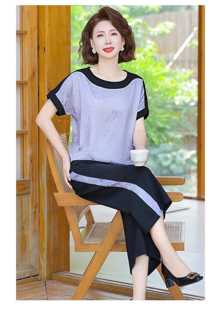 Mom's Summer Chiffon Short-Sleeved Suit: Elegant Two-Piece Top + Pants for Middle-Aged and Elderly Women
