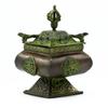 Incense Burner Tibetan Brass Verdigris Square Four Symbols