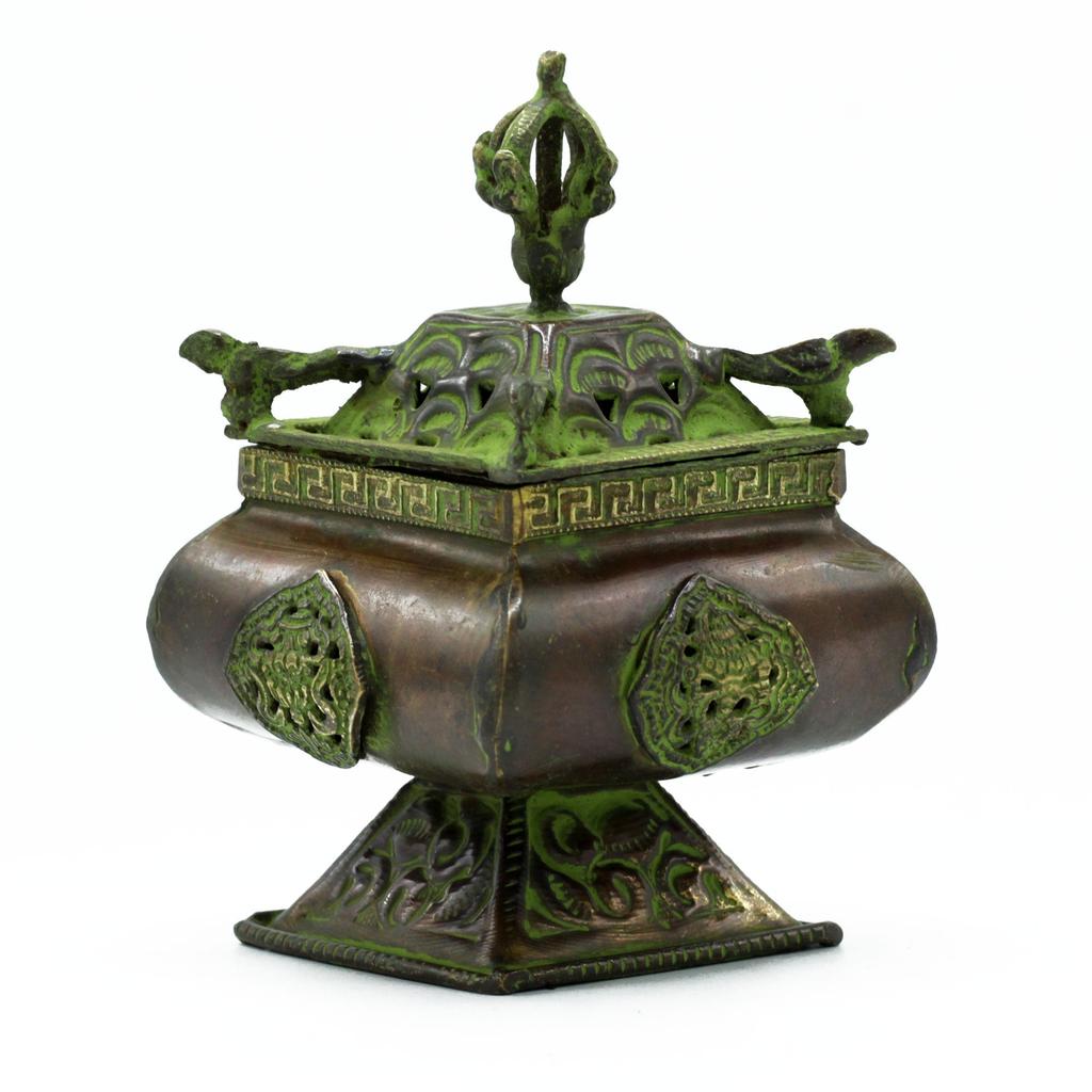 Incense Burner Tibetan Brass Verdigris Square Four Symbols