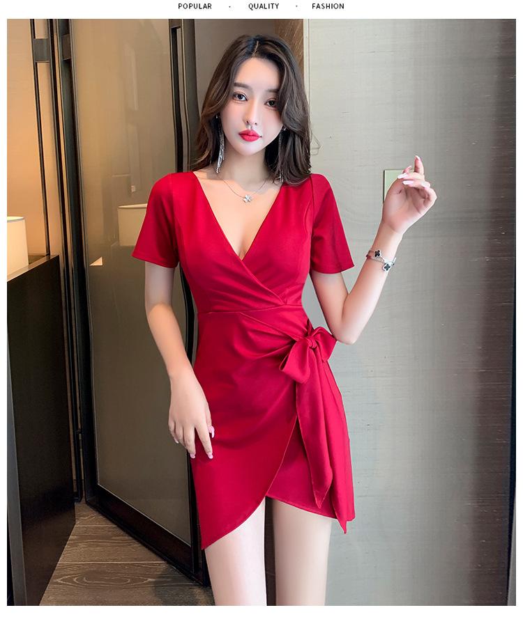 Night club style slim dress waist temperament small skirt low chest deep V neck backless irregular work clothes