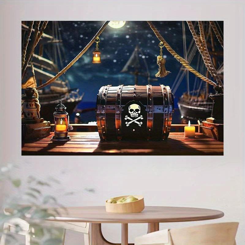 1 Halloween Pirate Background Cloth - 2D Flat Polyester Party Decoration with Skull Treasure Chest and Ship Design