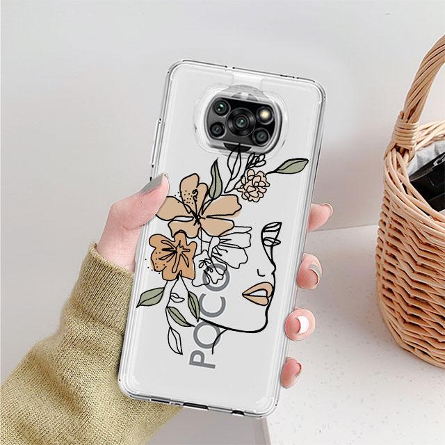Transparente Hülle für Xiaomi Mi Poco X3 NFC M3 Pro F3 F1 11 Lite 12 Redmi Note 10 9S 8 7 9 Weiche Handyhülle Liebeslinie Blume