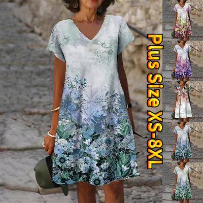 Zomermode V-hals Jurk Dames Korte Mouw Donkergroene Bloemen Bedrukte Jurk Losse Casual Jurk voor Dames