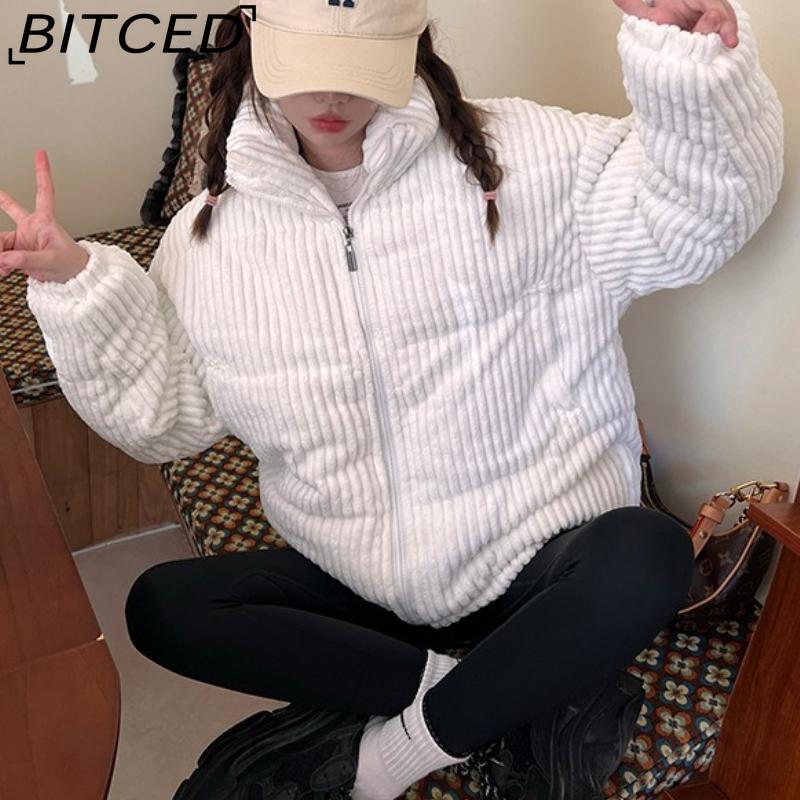 BITCED Winter Women's Stand Collar Short Corduroy Quilted Down Jacket Loose-Fit Lightweight Cotton-Padding Coat