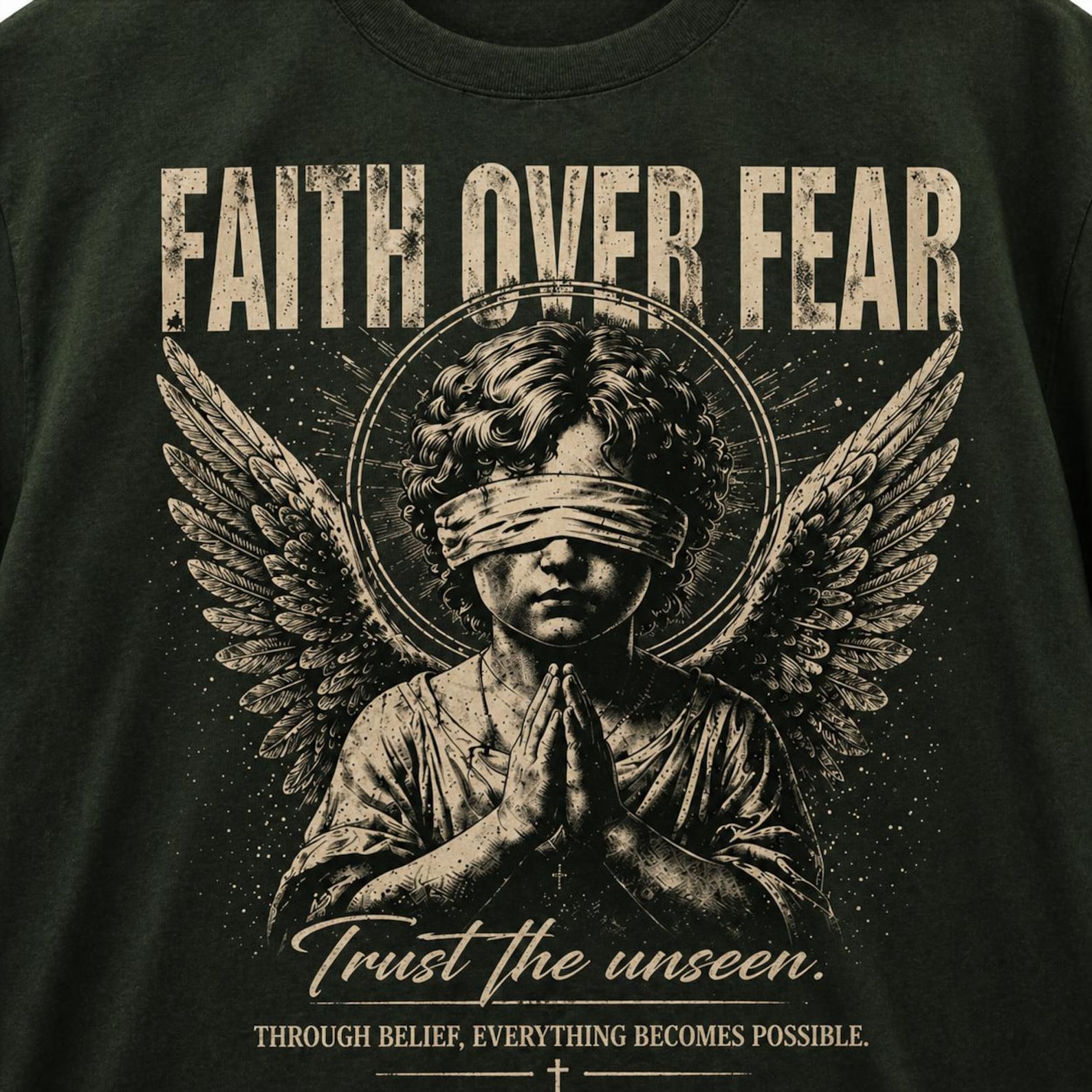 Faith Over Fear Angel Graphic Tee, Vintage Streetwear Trust Unseen Shirt S