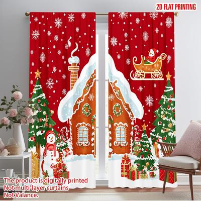 2pcs,2D Plane Printing Curtains Gingerbread House Christmas Scene Sleigh (3) Versatile Fabric (without Rod) Decorations Outdoor