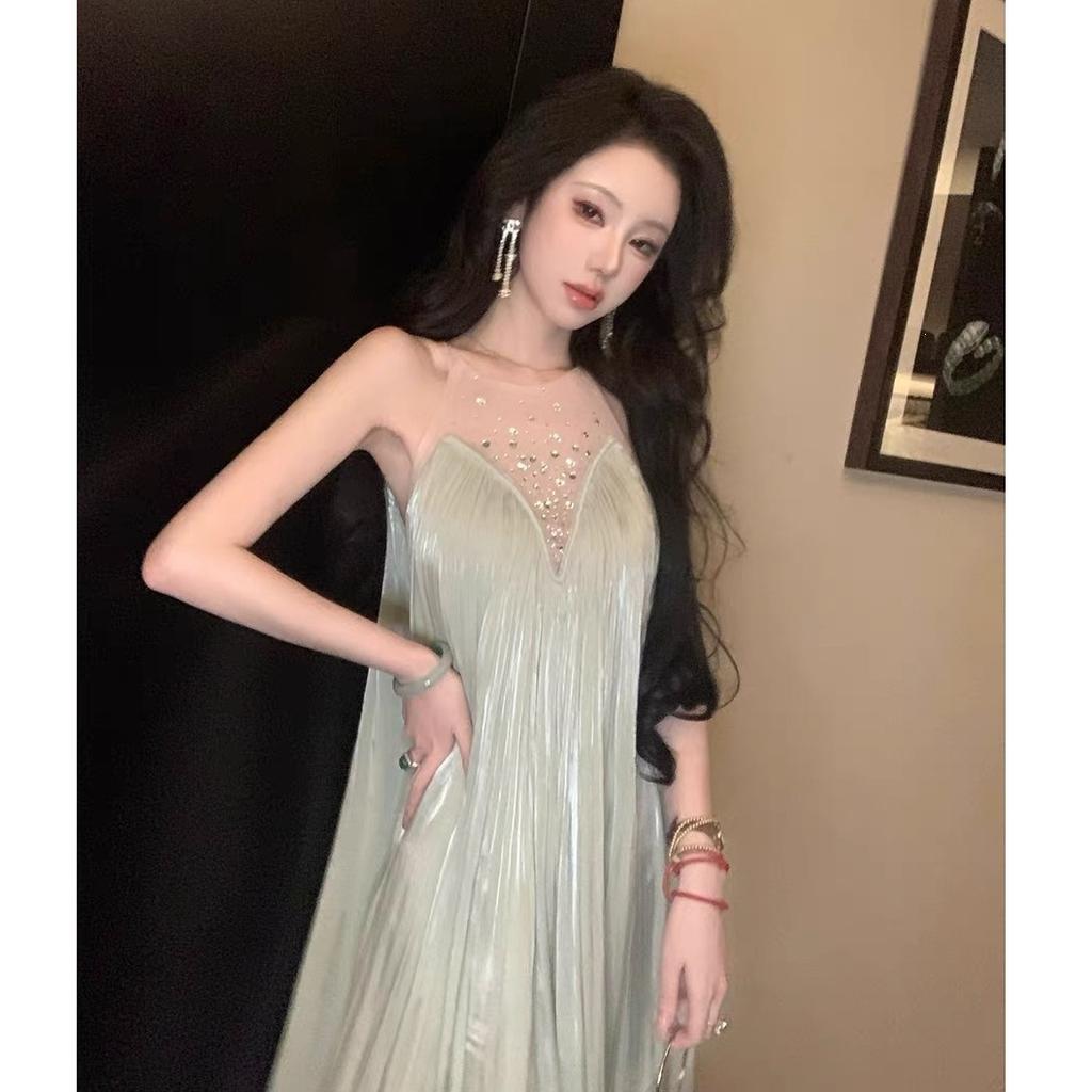 Summer French Light Luxury Summer Clothing Temperament Water Light Wrinkle A-shaped Skirt Hot Diamond Mesh Splicing Pleated Dress