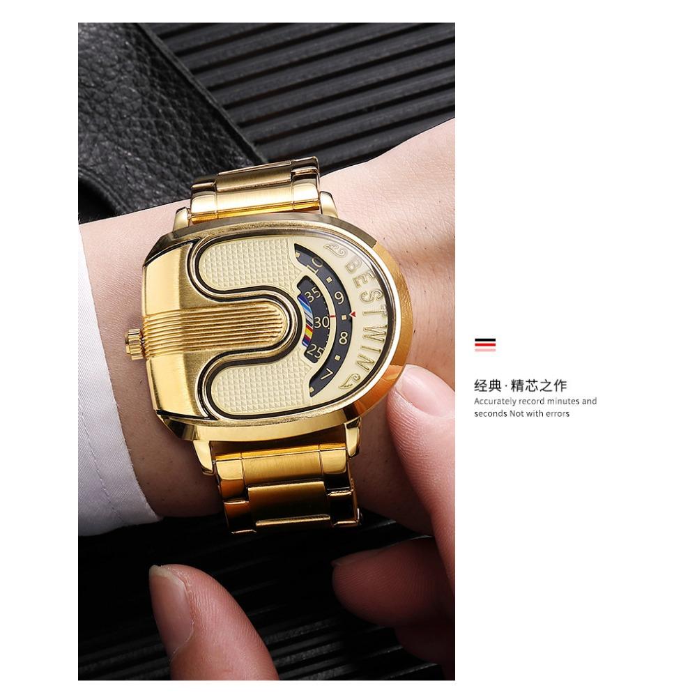 Fashion Men Irregular Tonneau Shape Quartz Watch Creative Rotating Dial Stainless Steel Bracelet Wristwatch