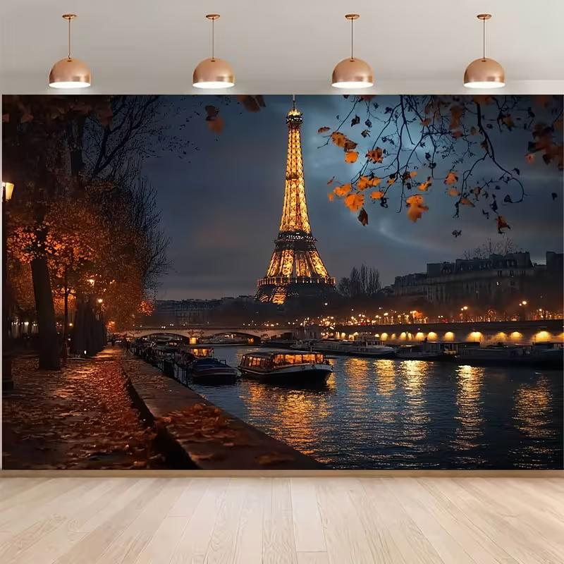 2D Eiffel Tower Backdrop, Paris Seine River Night Photography Background