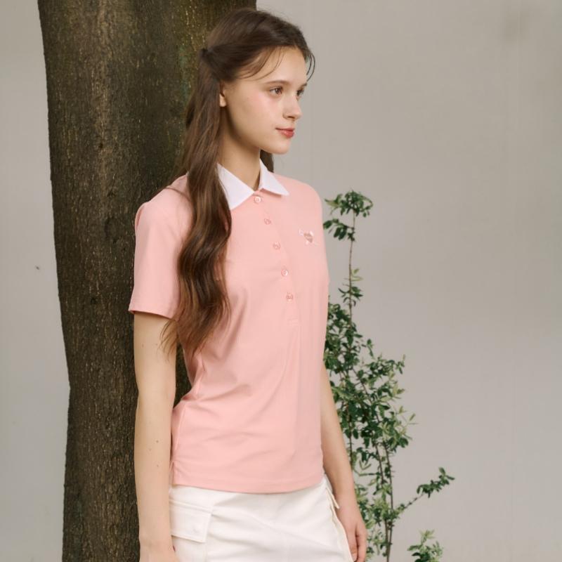 GOXO HearT ATTack Ribbed Collar ShorT Sleeve T shirT Peach