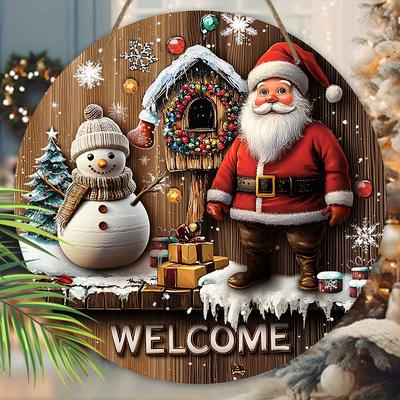 Dřevěná vánoční uvítací cedule Vítejte kulatá cedule se vzorem sněhuláka a Santa Clause, Ideální pro závěsnou dekoraci na vchodové dveře, Ideální vánoční dárek