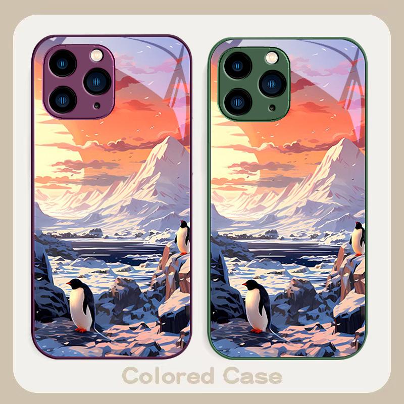 Sunshine Penguin Gold Purple For Iphone 16 Plus 15 14 13 12 Mini 11 Pro Max X XS XR 7 8 Plus 2022 Tempered Glass Phone Case