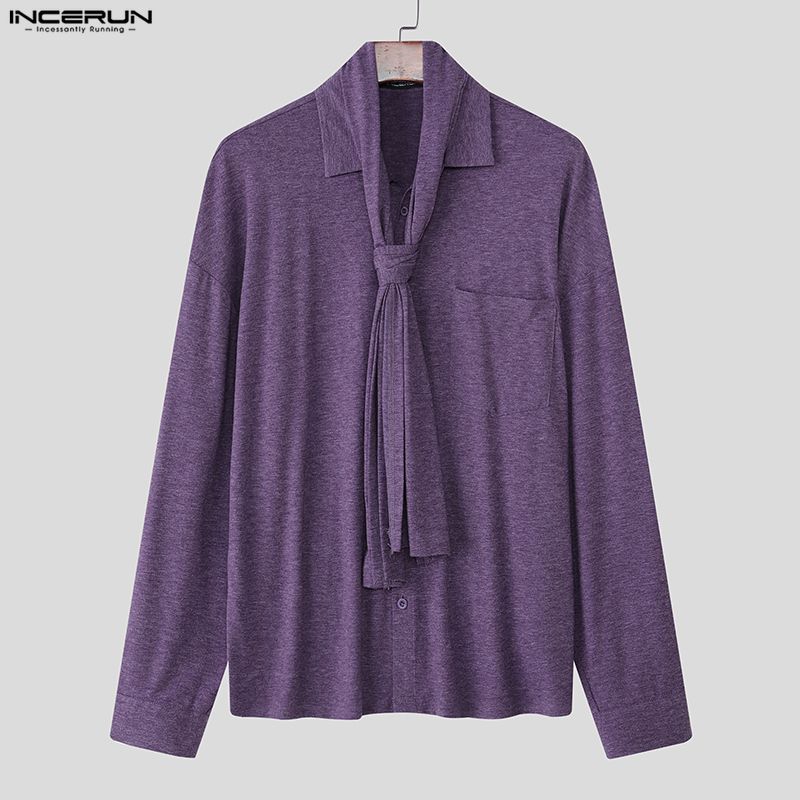 INCERUN Spring Men Tie-up Long Sleeve Casual Loose Oversized Pullover T-shirts Tops