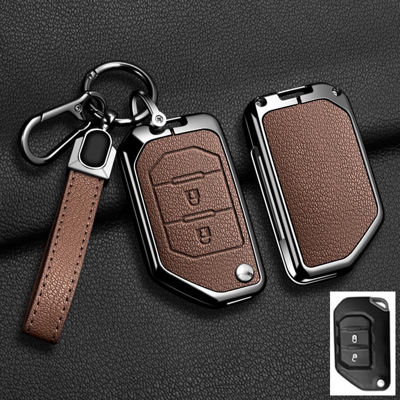 Convient Pour Jeep Gladiator Jt Sahara Jlu Wrangler Jl Rubicon Alliage de Zinc Cuir Véritable 2 3 4 Boutons Housse Étui Porte-clés pour Clé de Voiture Accessoires Auto