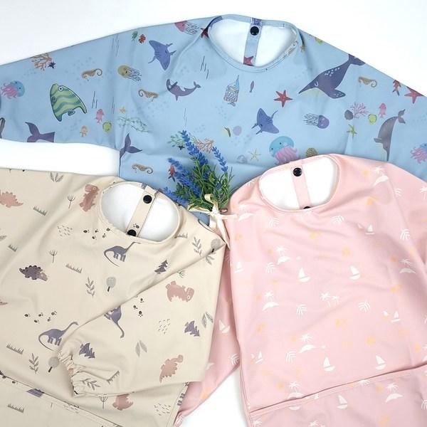 Lemayer self-directed baby food long-sleeved waterproof bib infant tactile play apron, beige dinosaur S, 1 piece, 1 piece