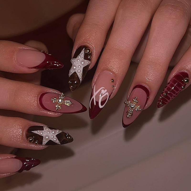 Press On Nails Medium Almond Fake Nails with Designs Reusable False Nails Press Ons Glossy Full Cover Acrylic Glue On Nails Stick On Nail for Women