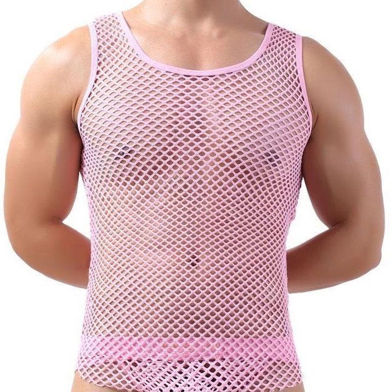 Fashion Round Neck Solid Color Tank Tops Men's Hollow Out Grid Mesh Breathable Sleeveless Summer