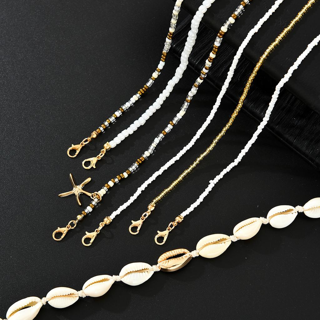 7Pcs/Set Boho Starfish Conch Rice Beads Pendant Necklace for Women Fashion White Color Multi layered Necklace Set Summer Jewelry