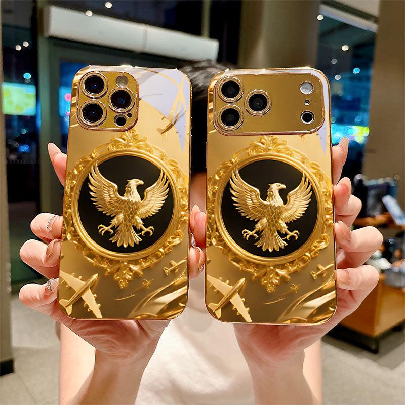 Eagle Pattern Art Electroplated Golden Phone Case For iPhone 17Air 17 16 15 14 13 12 11 Pro Max Plus 16E XR 7 8 X Xr Glass Cover
