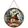 Spooky Halloween welcome sign, Round Wooden Hanging Plaque, vintage pumpkin castle wall decor, rustic autumn indoor outdoor holiday decoration