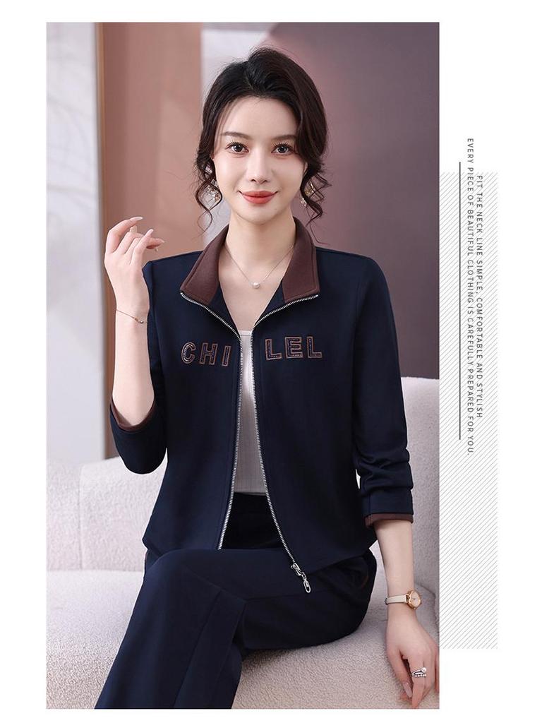 Spring 2026 Women's Color Block Stand Collar Sportswear Set with Embroidery and Hot Drilling - Two Piece Casual Fashion for Moms