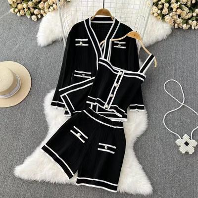 Women Sweater Pant Set Three Pieces Casual Tank Cardigans Suits Autumn Winter Knitted Shorts OL Elegance  Elastic Sweaterpants