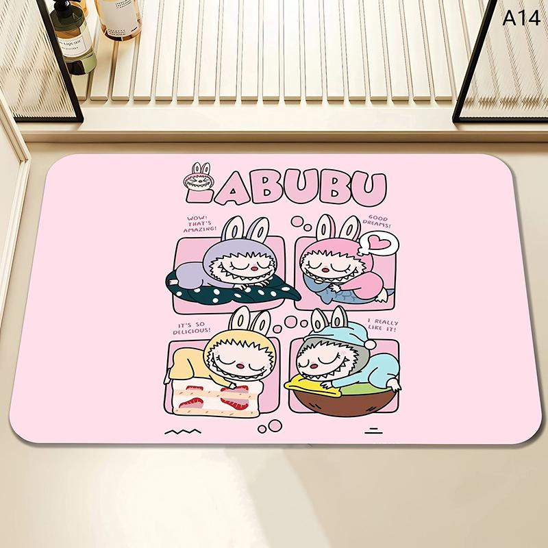 Alfombra de baño con estampado de Labubu de dibujos animados, felpudo antideslizante, alfombrilla de secado de cocina para dormitorio, alfombrilla de drenaje, alfombra de entrada, alfombra de dibujos animados para el hogar