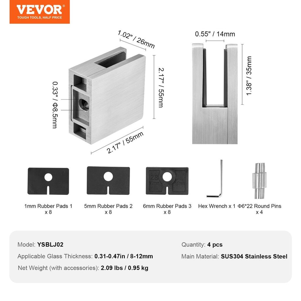 Glass Clamp 4 PCS Square Railing Bracket for 0.31 "-0.47 " Glass Silver