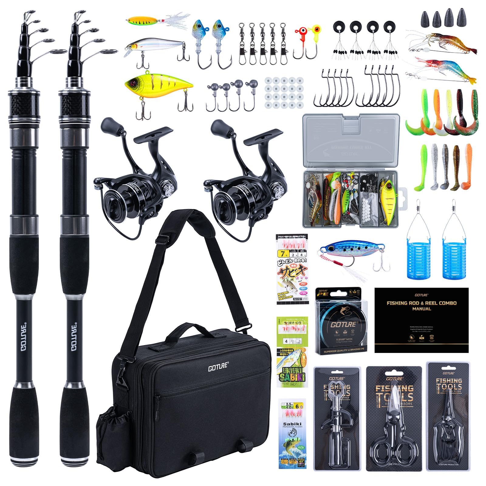 Goture Fishing Set Telescopic Rod with Spinning Carbon for Lure Saltwater Freshwater Complete Set of 2 Rods 1.8M Reel, Fiber, Compact, Fishing,
