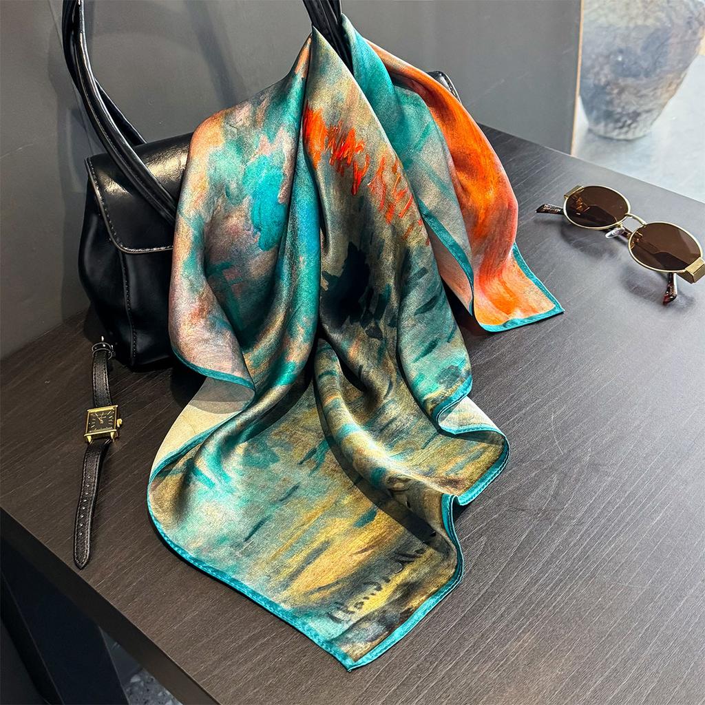 Luxuriöser 100% Maulbeerseide Schal Damen Ölgemälde Druck Bandana Schal Dame Halstuch Taschentuch Damen Dekoratives Wickeltuch
