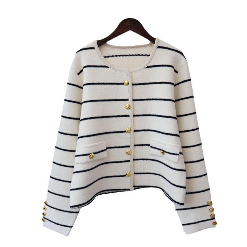 Autumn and winter new striped knitted double-sided tweed jacket temperament loose contrasting color sweater cardigan women