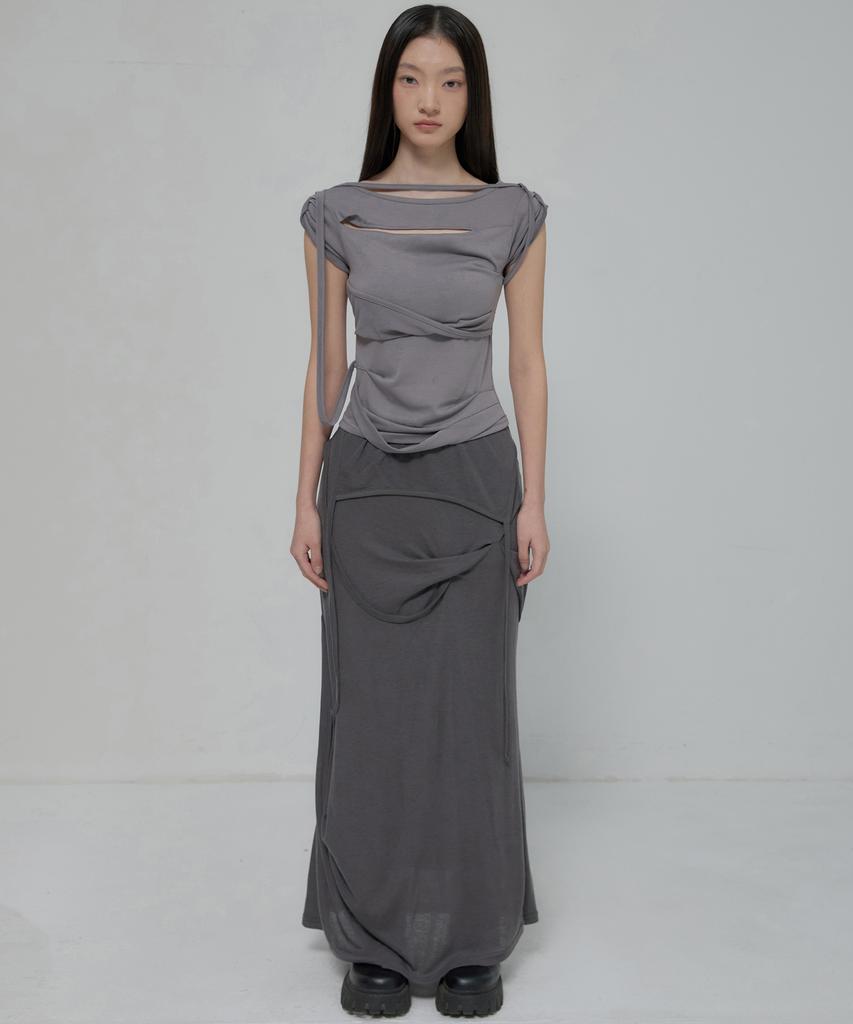 Peulleeoeob Asymmetrical Draped Strap Roll-Up T-Shirt (Fl-170_Dark Gray)