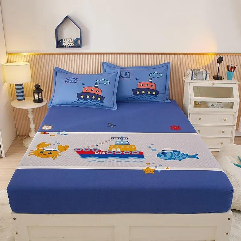 Cute Teddy Bear Pattern Fitted Sheet Set 100% Cotton Anti-slip Mattress Cover with Pillowcases Home Bedding Set for Boys Girls