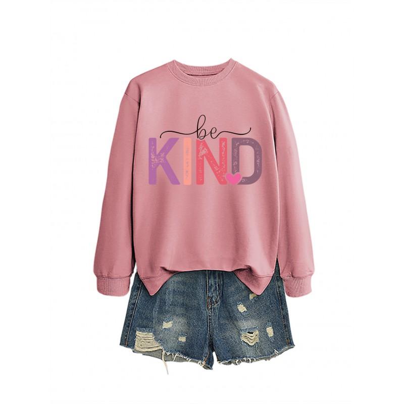 Womens Oversized Cotton Hoodie With Be Kind Cutout Letter Print Fall Winter Casual Sweatshirt