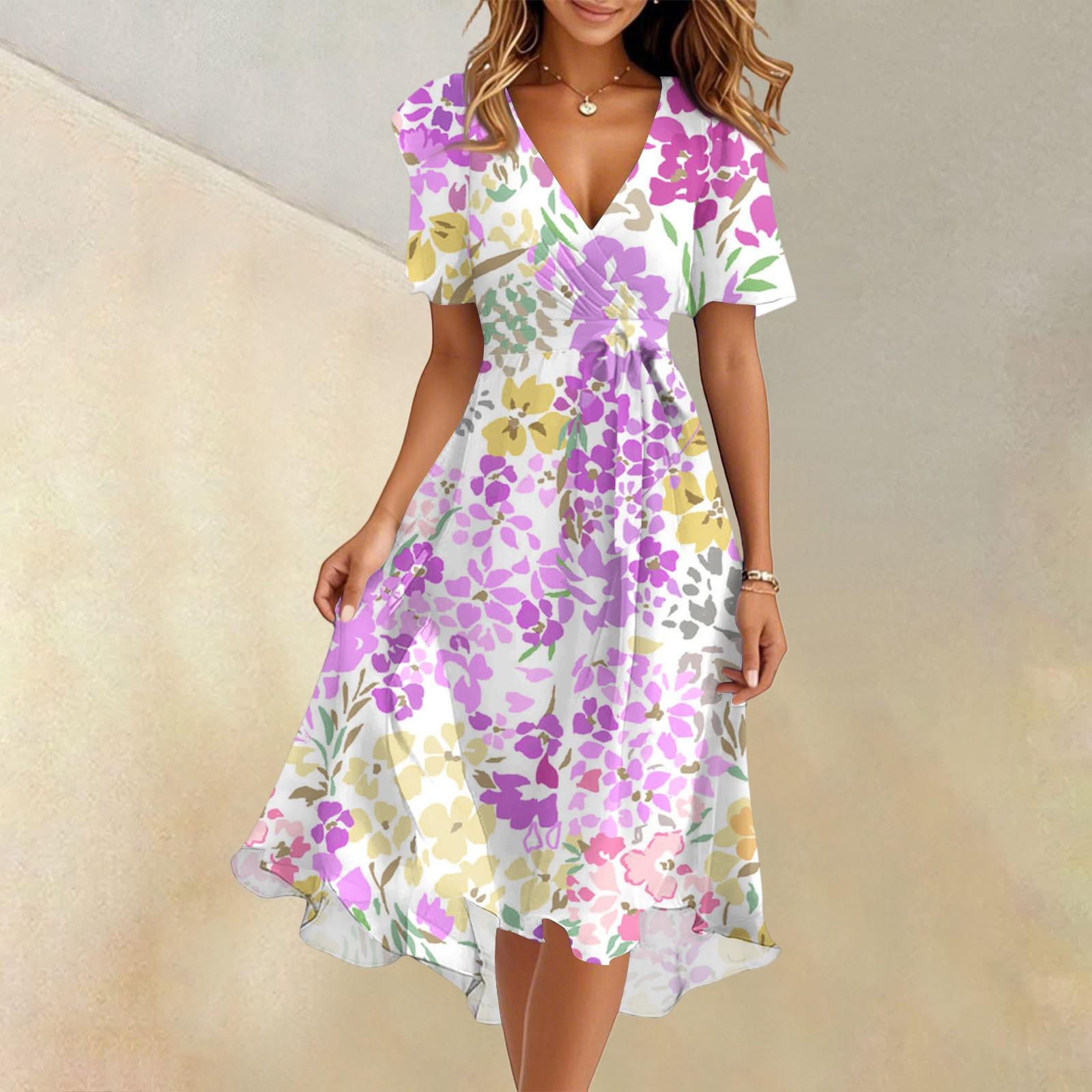 

Women s Floral V-Neck Wrap Dress Short Sleeve Casual Summer Dress with Adjustable Waist Tie for Beach & Party XL