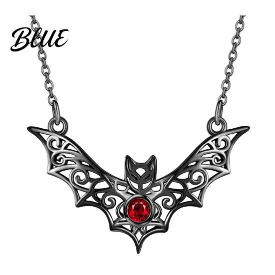 Comfortable Lightweight Necklace Gothic Bat Pendant Faux Ruby Hollow-out Halloween