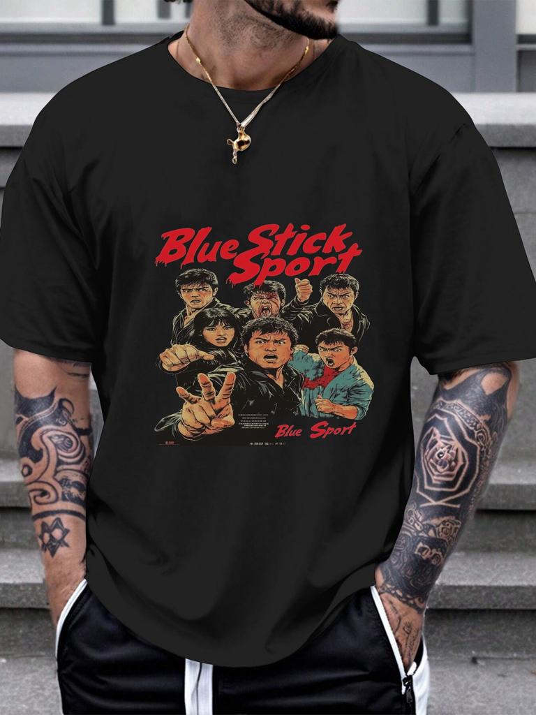 Blue Stick Sport Japanese Movie Poster Graphic T-shirt - Black 180g Cotton Crew Neck Short Sleeve Tee with Vibrant Red & White Character Art