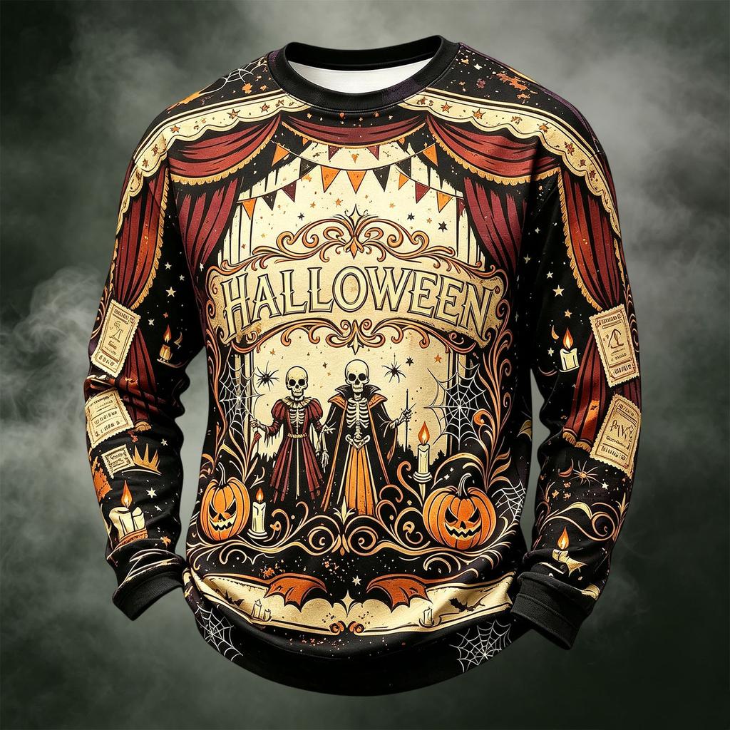 Men's Casual Long Sleeve Crewneck Knit Shirt with Halloween Print