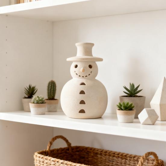 Handmade Terracotta Snowman Figurines White Clay Winter Decor Holiday Rustic Ornament Indoor Outdoor Christmas Decoration