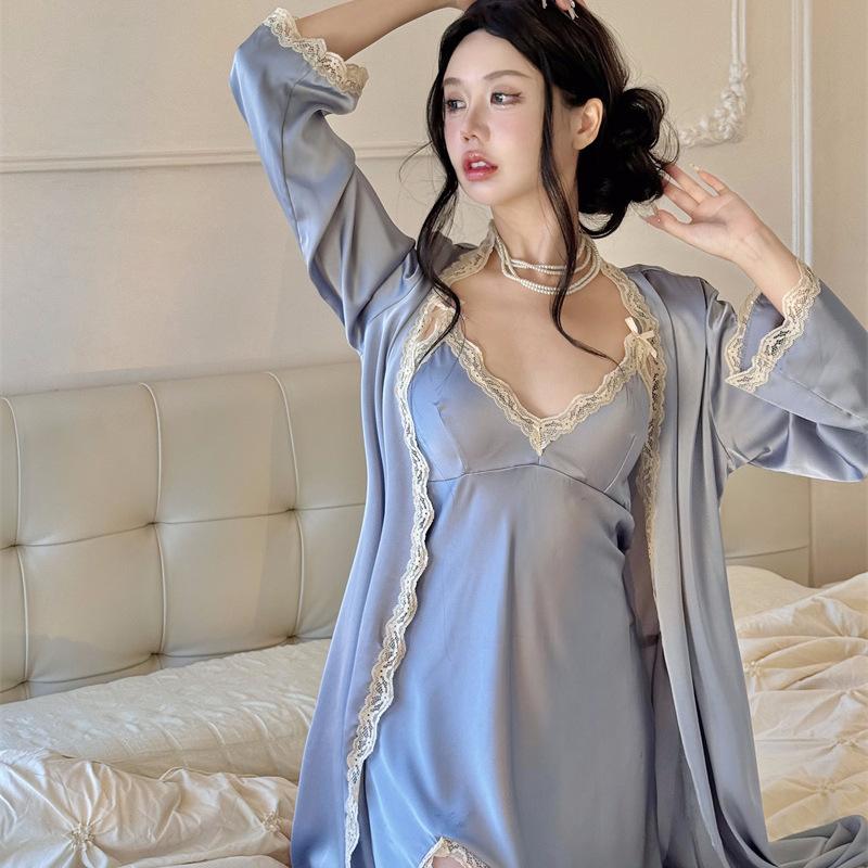 Sexig nattlinne med spetskant och strumpeband Vår Sommar Dam 2-delars Morgonrockset Kimono Badrock Nattlinne Lös Satin Hemma-kläder Loungewear