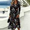 Women's Halloween Print V-Neck Long Sleeve Casual Dress with Pockets