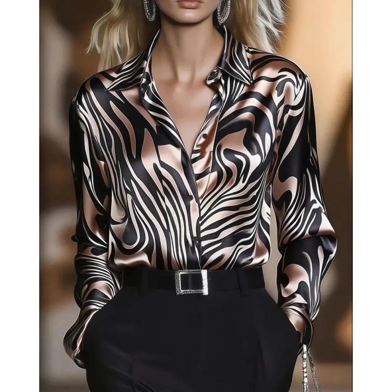 2025 Spring Leopard Print High Elastic Satin Button-Up Shirt - Casual Loose European American Women's Fashion