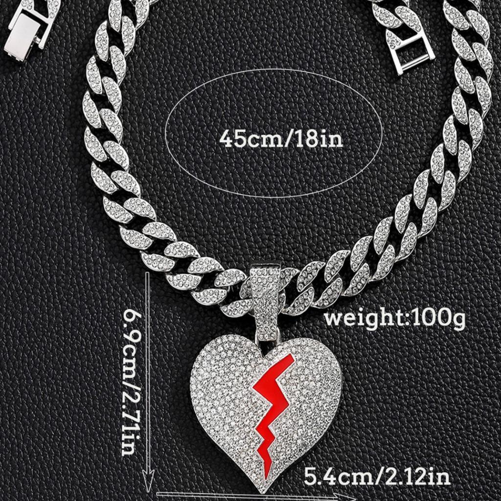 Street Hip Hop Personality Broken Crack Love Pendant Lanyard Hiphop15Mm Clasp Cuban Chain Men