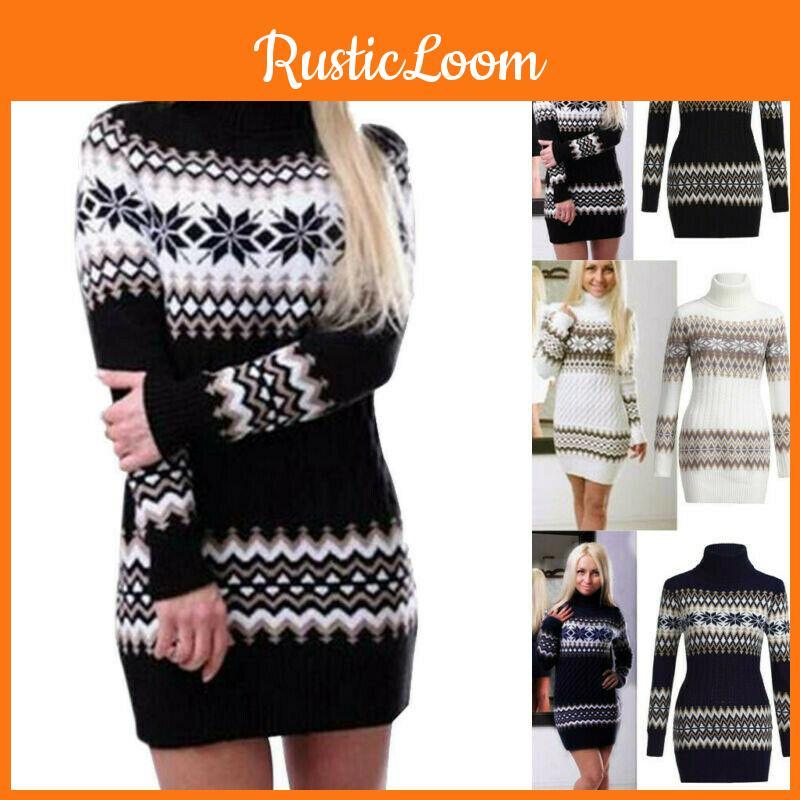 Elegant Christmas Woman Turtleneck Sweater Dress With Festive Snowflake Pattern