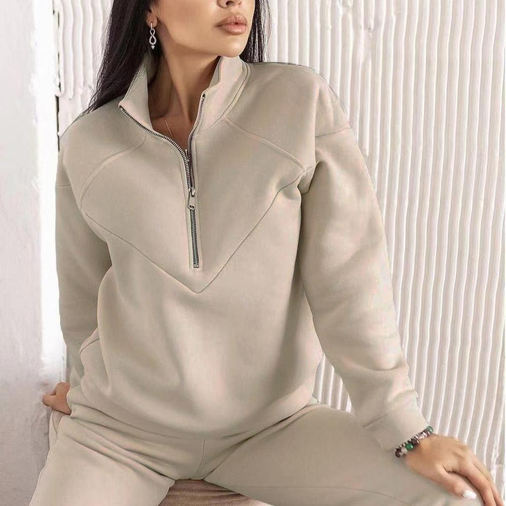 Kvinner Ensfarget Langermet Stativ Krage Hettegensere Dress Høst Vinter Løs Topp Bukser med brede ben