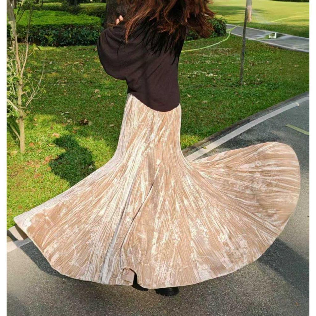 Retro Chinese Women's Fishtail Skirt - Green Velvet, Long Hem, Spring/Autumn/Winter