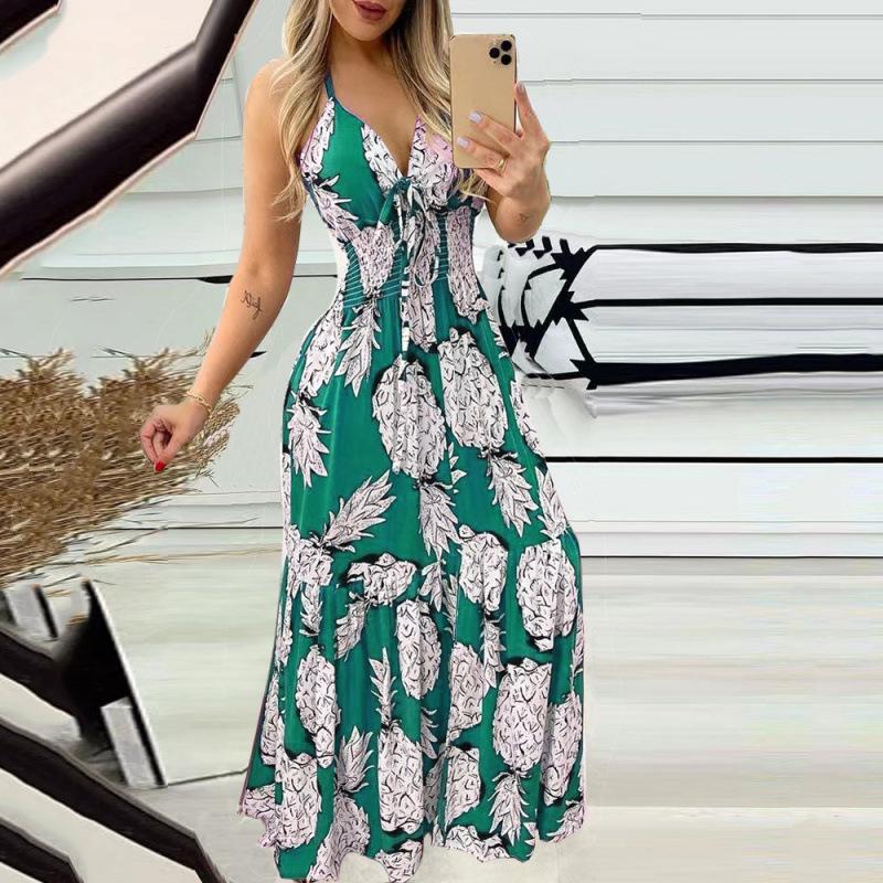 2025 Summer European & American Women's Printed Halter Strap High Waist Deep V Dress