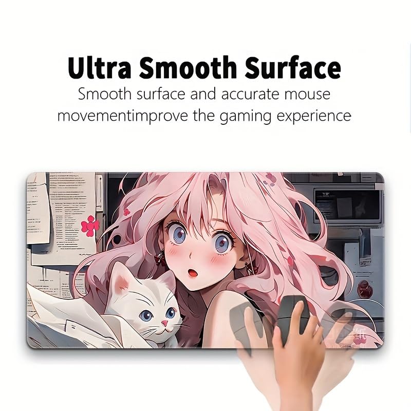 Large Mouse Pad with Cat and Girl Character Durable Rubber Stitched Suitable for Home and Gifts Pink-Haired Design, Non-Slip Material, Edges, Office,