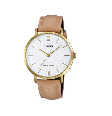 LTP-VT01GL-7B Women's Minimalistic Gold Tone Brown Leather Band White Dial 3-Hand Analog Watch